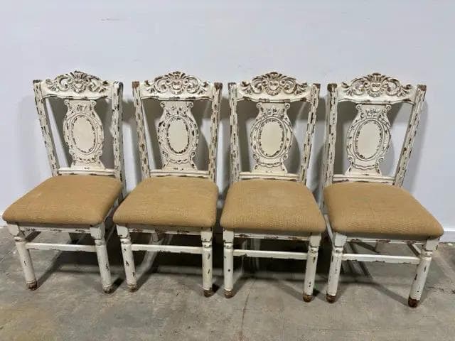 Set Of 4 French Country Burlap Seat Dining Chairs - Image 1
