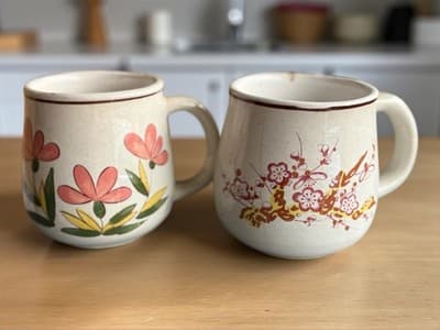 Vintage Stoneware Floral Coffee Mugs Set of 2 Hand Painted Flower Cups - Image 1