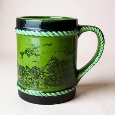 RB Green Pottery Mug Horse Rope Handle Vintage - Image 1