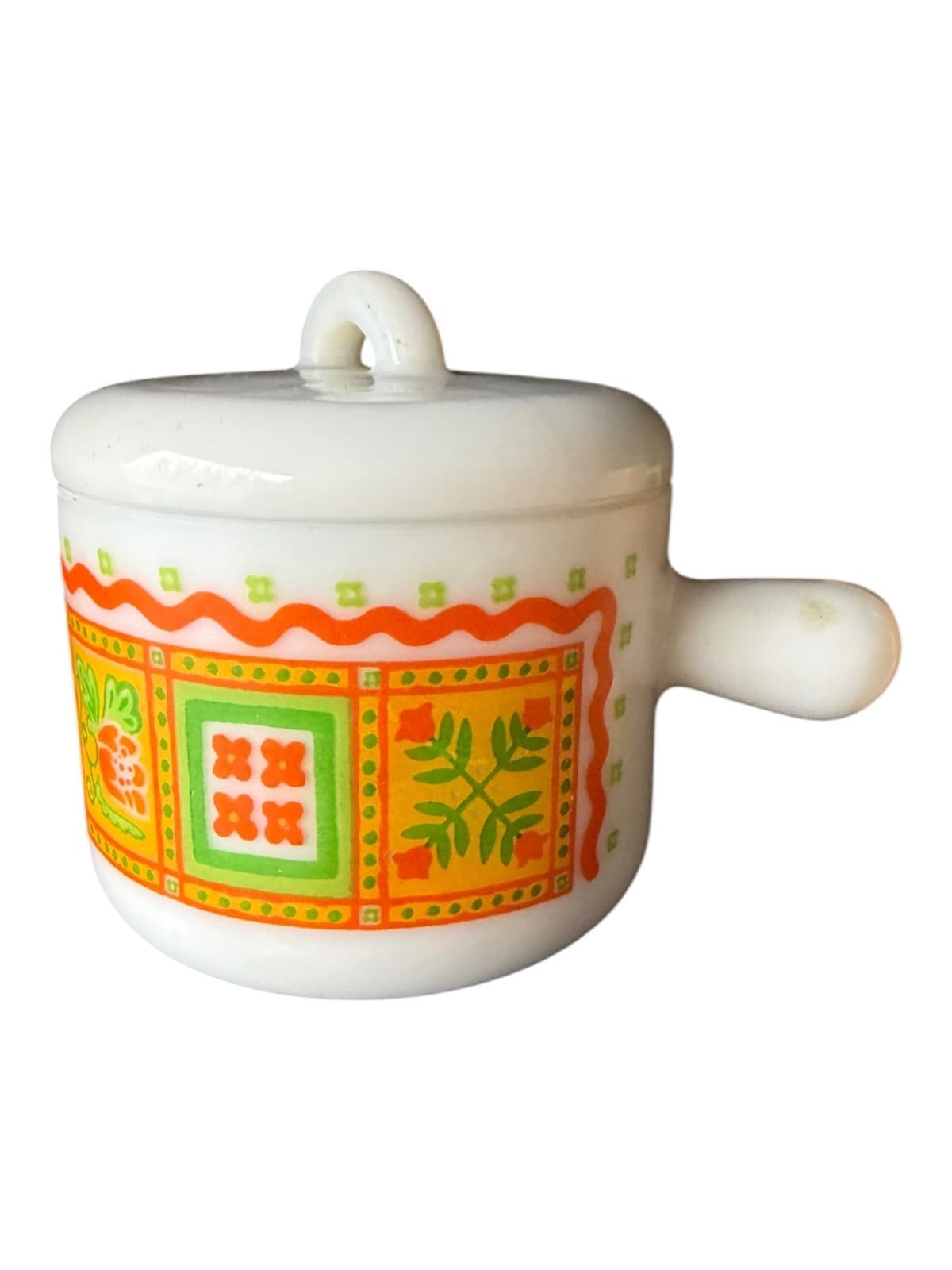 Vintage Avon Patchwork Print Milk Glass Mug Cup w/Handle and Lid - Image 1