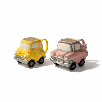Vintage Mid-Century Car Mug Set – Yellow & Pink Novelty Automobile Cups - Image 1