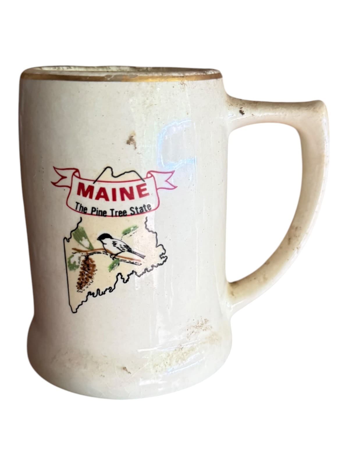 Vintage Maine The Pine Tree State Souvenir Coffee Mug Stein Gold Trim Ceramic - Image 1