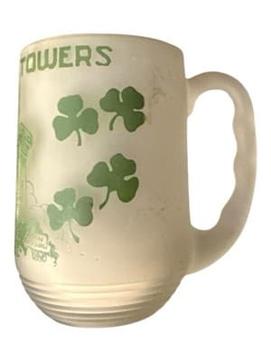 Vintage Irish Hills Towers Michigan Frosted Glass Mug Shamrocks Souvenir - Image 1