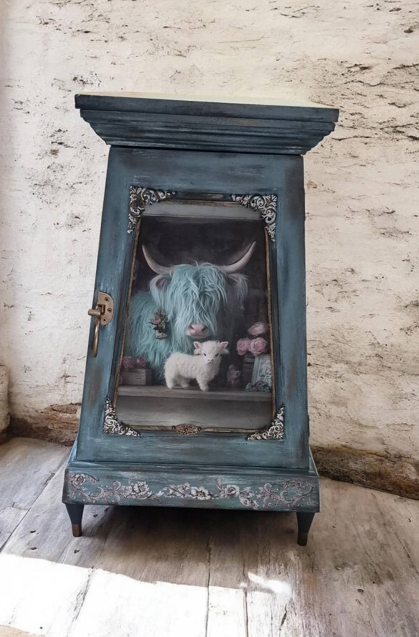 Vintage Blue Cabinet with Highland Cow Artwork - Image 1