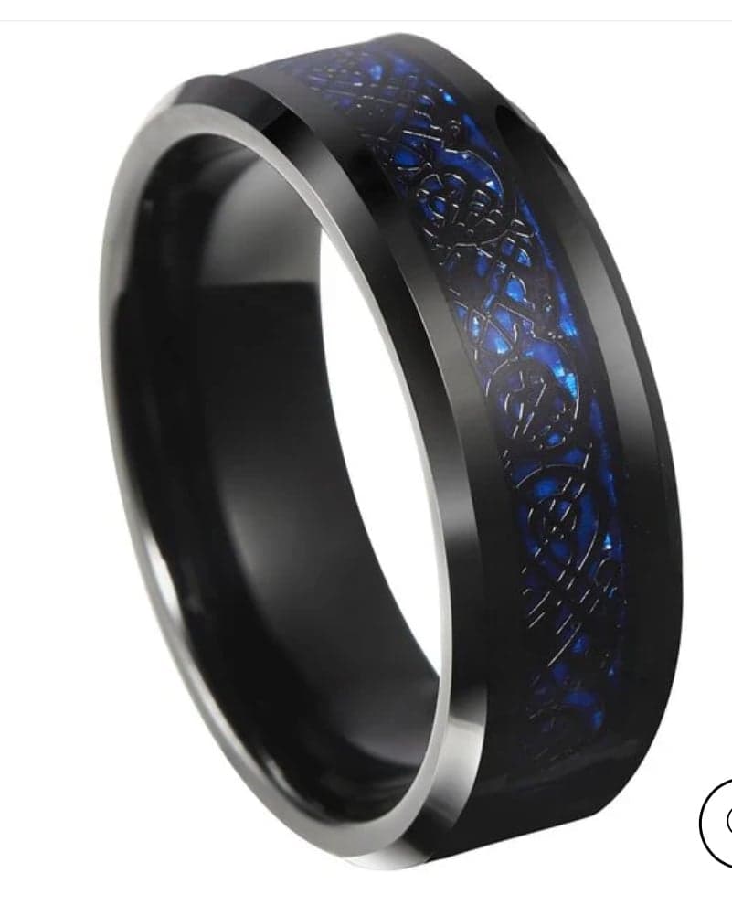 8MM Black & Blue Tungsten Celtic Royal Dragon Ring Size 9 - Image 1