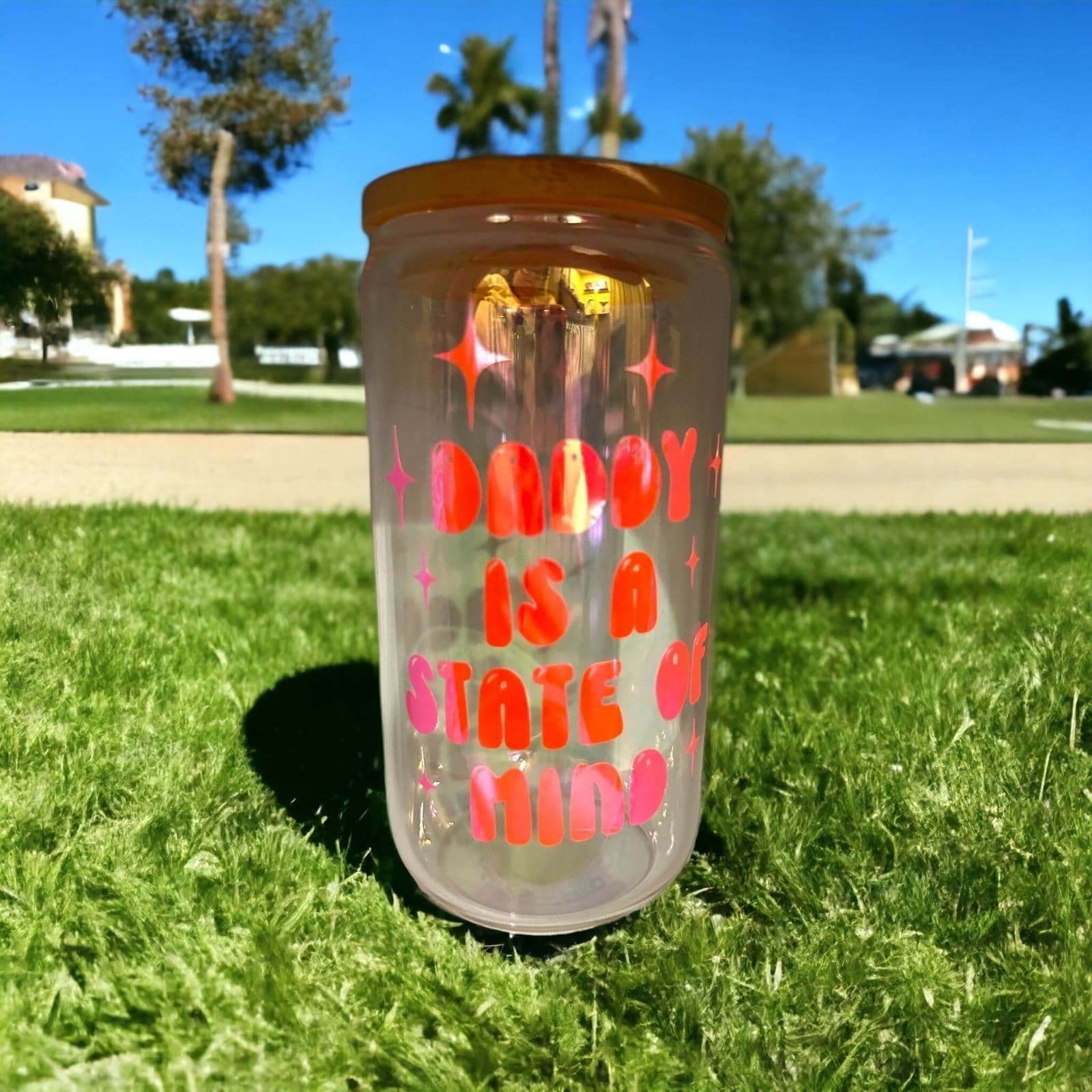 Iridescent Glass Tumbler w/ Bamboo Lid & Straw w/ design - Image 1