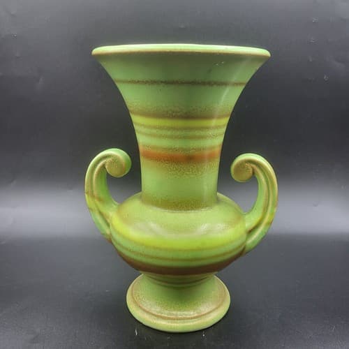 Vintage Japanese Vase Urn Green Double Handles Orange Stripes MCM Cottagecore