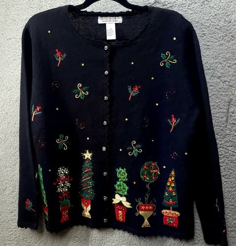 Vintage Womens Christmas Sweater Black M Embellished Heirloom Collectibles Trees