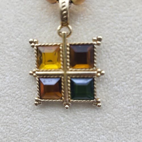 Napier Square Pendant Necklace Brown Glass Beads Amber Green Gold Stones Vintage