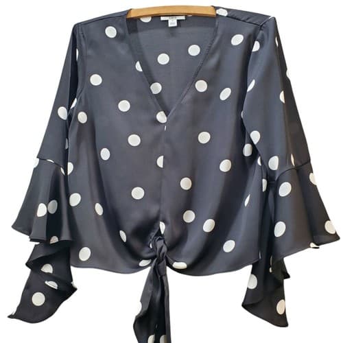 Bar III Women Blouse Top Black S Cropped White Polka Dots Bell Sleeves Front Tie