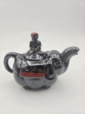 Vintage Elephant Boy Japanese Teapot Black Red Whimsical Exotic Ceramic MCM