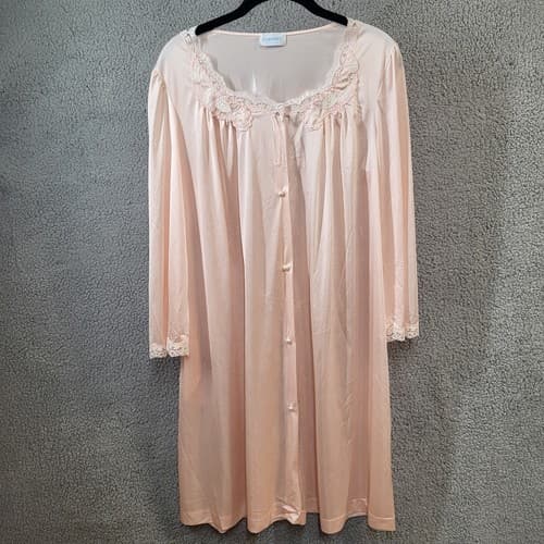 Lorraine Womens Robe Pink M Nylon Lace Pearls Silky Flowey Comfort Vintage USA