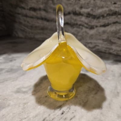 Tilso Handblown Glass Basket Bright Yellow White Interior Clear Applied Handle