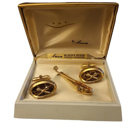 Vintage Mens Anson Cufflink Tie Clip Set Genuine Alligator w/Original Box 1950s