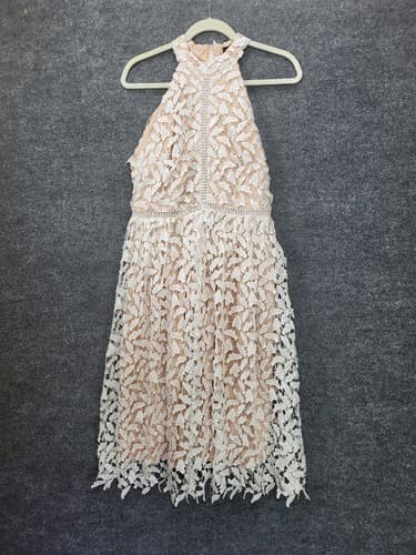 Lisa Lux Dress White M High Neck Bare Shoulders Leaf Cutouts Lined Romantic