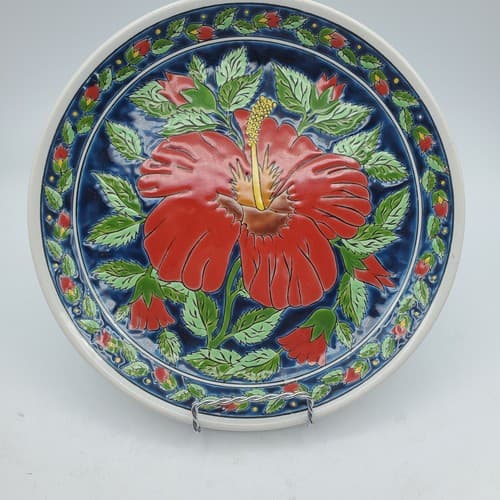 Kepameikos Greek Red Hibiscus Plate Hand-Made by Lindos-Keramik