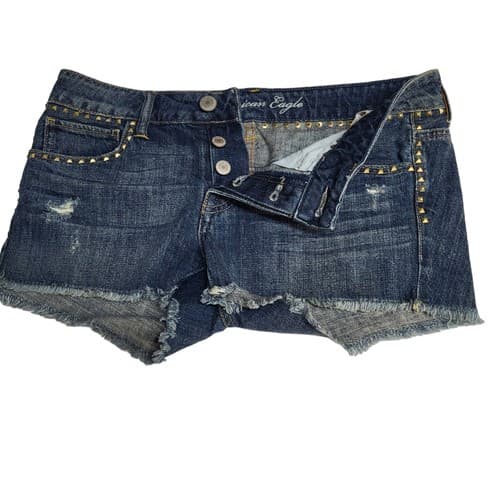 American Eagle Womens Denim Cutoff Shorts 4 Cotton Button Fly Distressed Studs