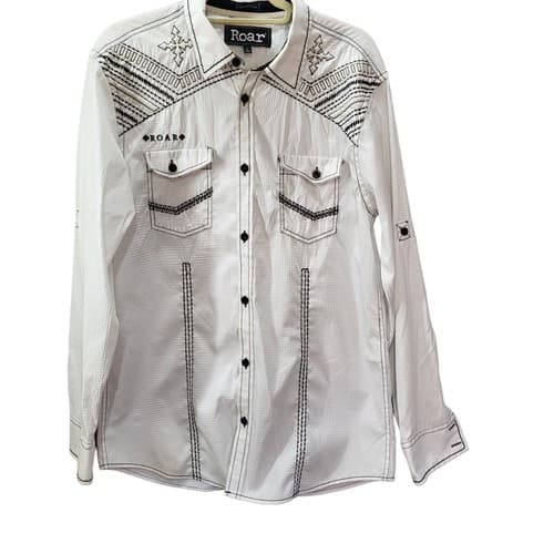 Roar Mens Shirt L White Heavy Embroidery Shotgun Cuffs Cotton Stretch Rodeo