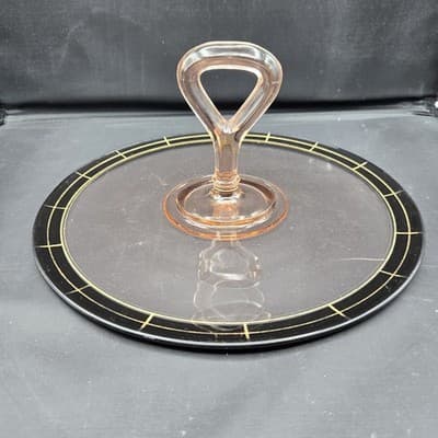 Vintage Pink Depression Glass Tidbit Tray Art Deco Black Band Gold Trim EUC