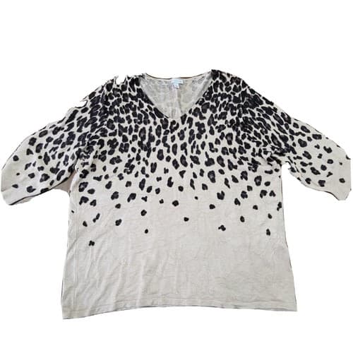 CB Womens Plus Sweater Leopard Tan 2XL Rayon Blend Knit Short Sleeve V-Neck
