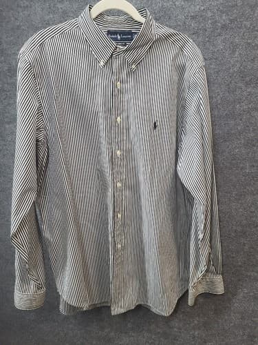 Ralph Lauren Button Down Shirt Black White Stripe 17.5 XL Cotton Classic Fit