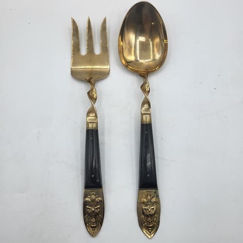 Siam Cutlery Salad Fork & Spoon Thai Brass Teak Handles Praying Buddha Design