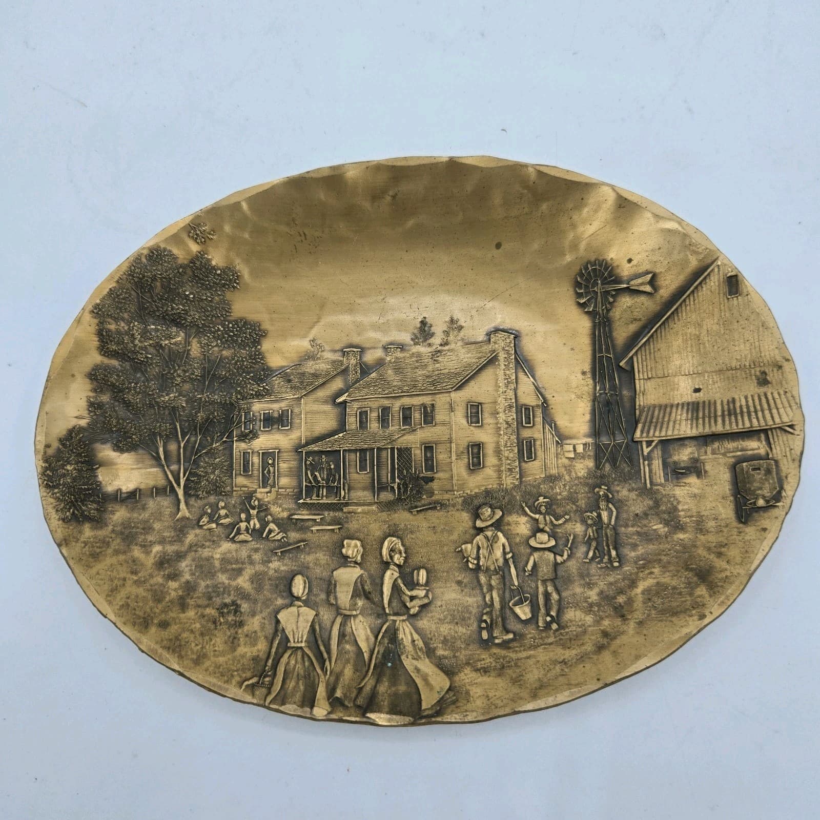 August Wendall Forge Handmade Solid Bronze Amish Famil Life Scene Oval Plate 4"