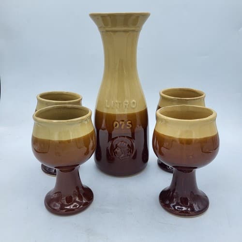 Vintage Armbee San Francisco Wine Carafe 4 Chalice Goblet Set Brown Ceramic