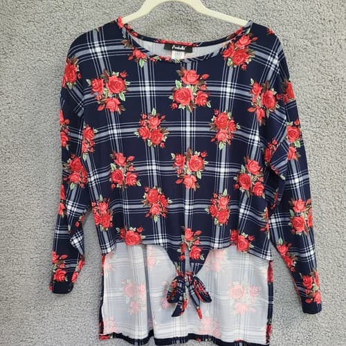 Arabell Womens Blouse Top 1X Navy Check Red Roses Hi-Lo Poly Spandex Flowey Plus
