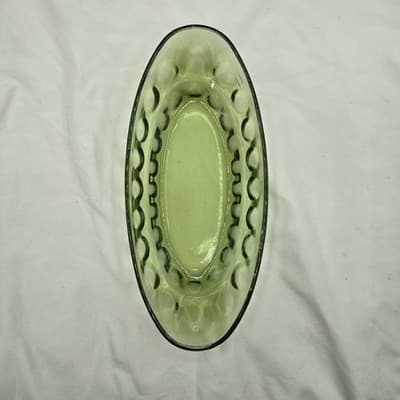 Vintage Indiana Glass Avocado Green Thumbprint Dish Oval MCM Relish Candy Sauce