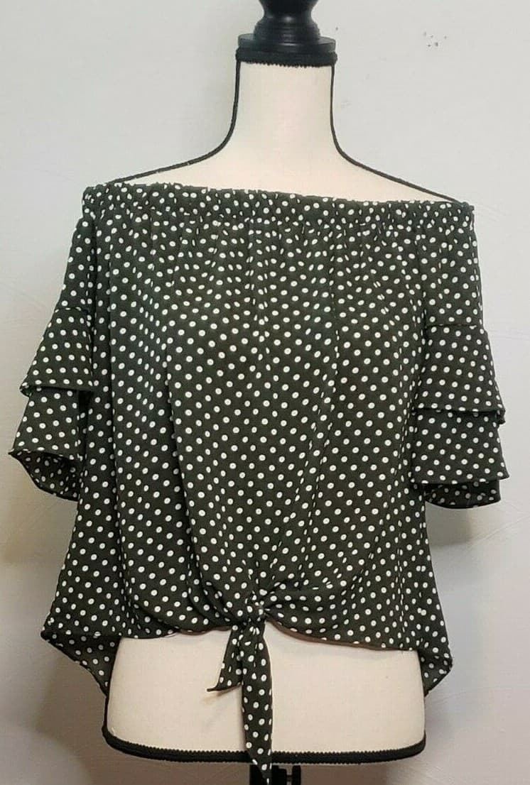 Paradiso Womens Top Blouse Green S Boho Polka Dot Front Tie Resort Cruise Wear