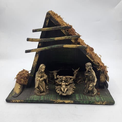 Vintage Fontanini Wooden Nativity Manager 5 Figurine Thatched Roof Rustic Italy