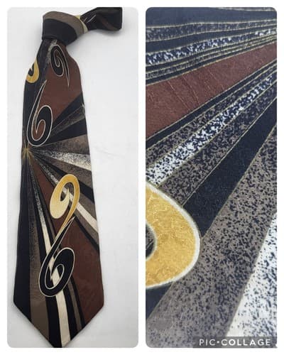 Vintage Zeidler & Zeidler Mens Tie Jazz Big Band Black Tan Musical Print Silk