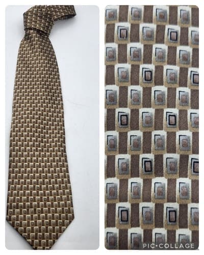 Stonehenge Mens Necktie Tan Cream Satin Geometric Print Modern Handmade New