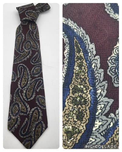 Halston Mens Tie Wine Print Paisley Leaf Imported Silk Handmade in USA Designer