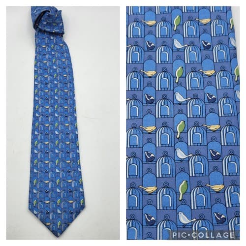 Tommy Hilfiger Mens Tie Blue Geometric Birds Imported Silk 56 x 3.75" USA NWOT