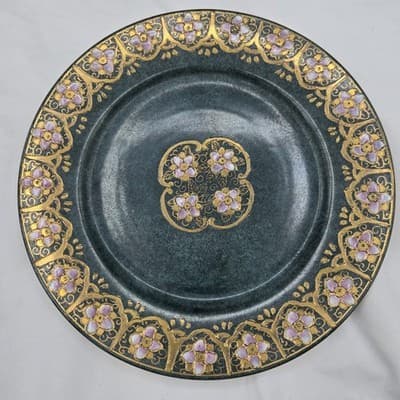 VTG TOYO Decorative Plate Green Handpainted Pink Gold Flowers Japanese Ornate