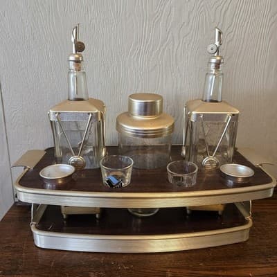 MCM Barware Set Musical Decanters Shaker Shot Glasses in Cart Brushed Goldtone