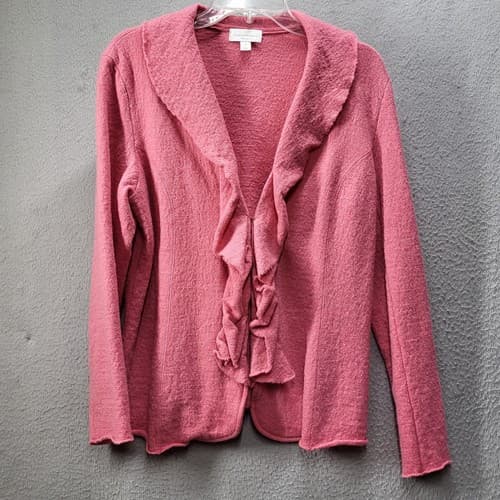 Charter Club Womens Sweater 1X Wool Pink Cardigan Ruffles Hook & Eye