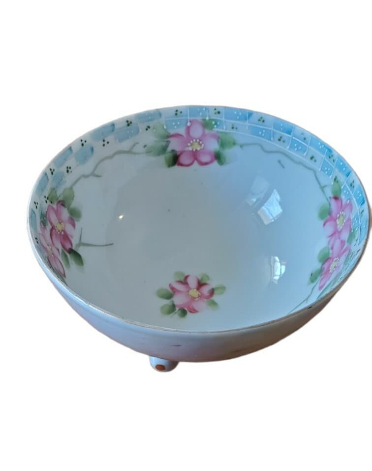 Vintage Japanese 3-Footed Trinket Dish Bowl Handpainted Pink Flowers Feminine