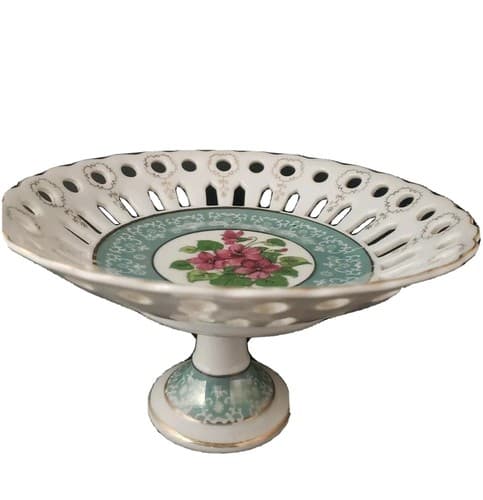 Vintage Japan Pedestal Candy Dish Reticulated Violets HP dusty blue 24k gold