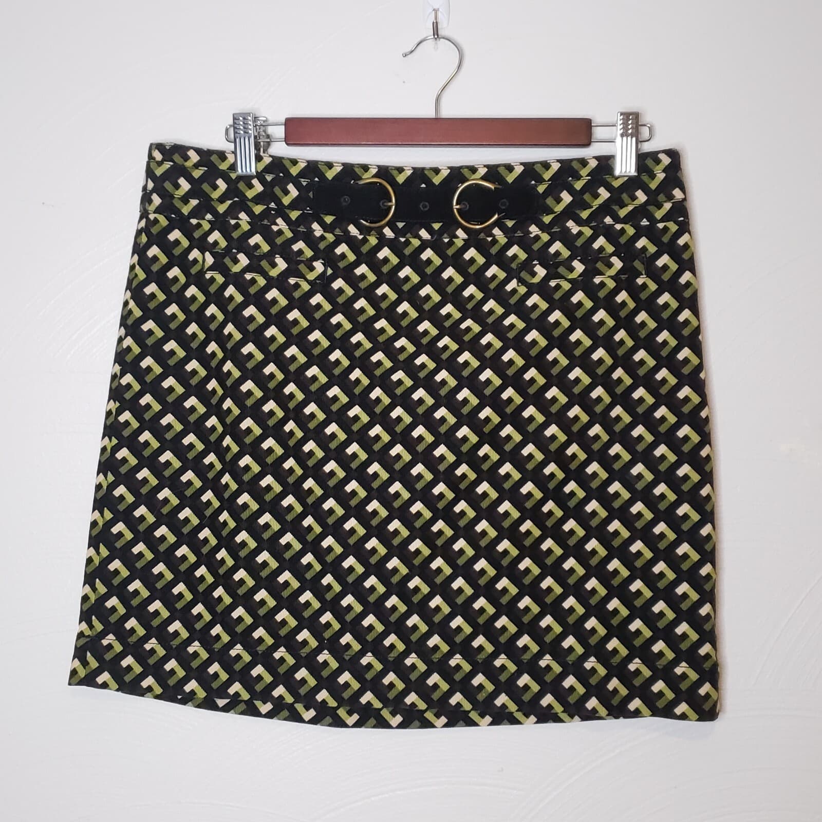 LOFT Womens Skirt Black Green Brown 8 Geometric Belt Mini Straight