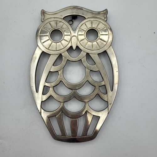 Leonard Silverplate Owl Trivet Large Rubber Feet MCM Made in Italy Big Eyes