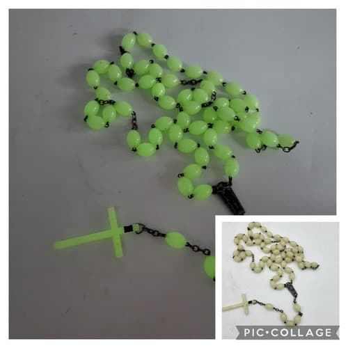 Rosary Beads Large Oval Glow in the Dark 30” Drop White Green Vibrant Vintage