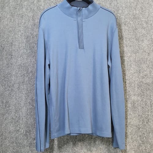 Hugo Boss Mens Sweater L Blue Cotton Hidden Snap Henley Pullover Mock Turtleneck