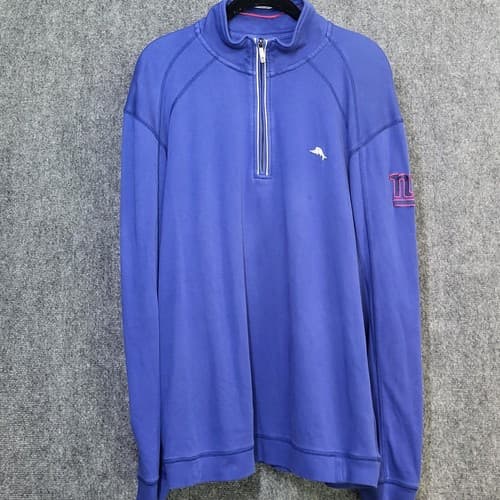 New York Giants Tommy Bahama Mens Sweater Blue 1/4 Zip Pima Cotton Red Logos