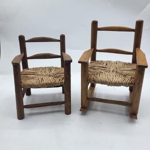 Handmade Wooden Rattan Rocking & Chair Brown Dollhouse Furniture Cottagecore