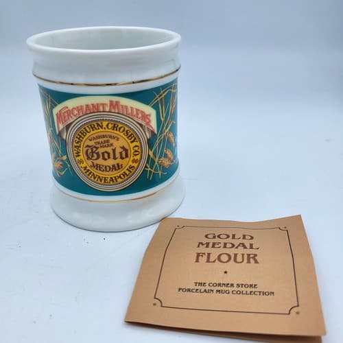 Gold Metal Flour Mug Advertising Porcelain The Corner Store Japan VTG 1982