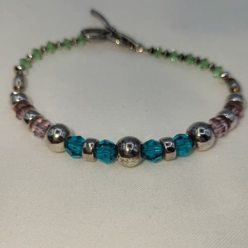 925 Silver Bracelet Glass Beads Green Blue Pink Toggle Heart Clasp Marked