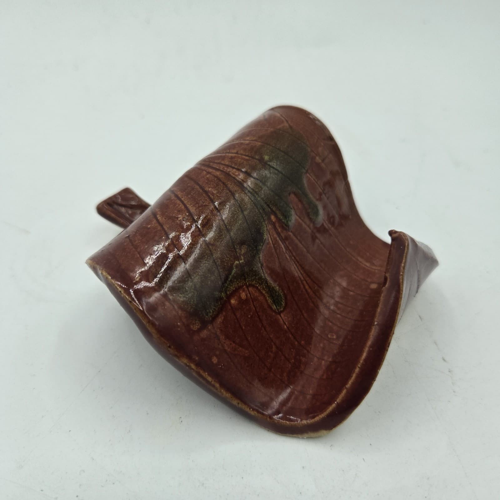 Studio Art Pottery Business Card Holder Leaf Design Stray Cat Studio Brown